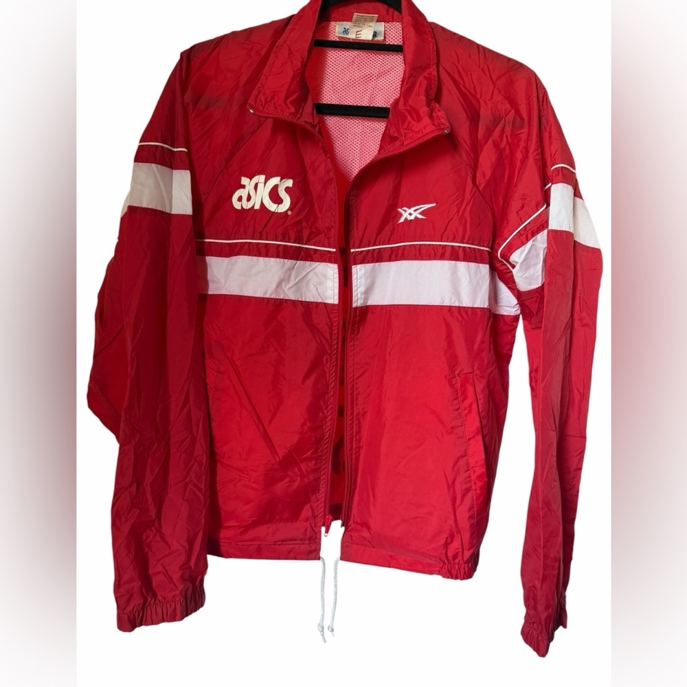 Vintage 90’s Red & White ASICS Windbreaker Jacket with Detachable Hood Nylon Med